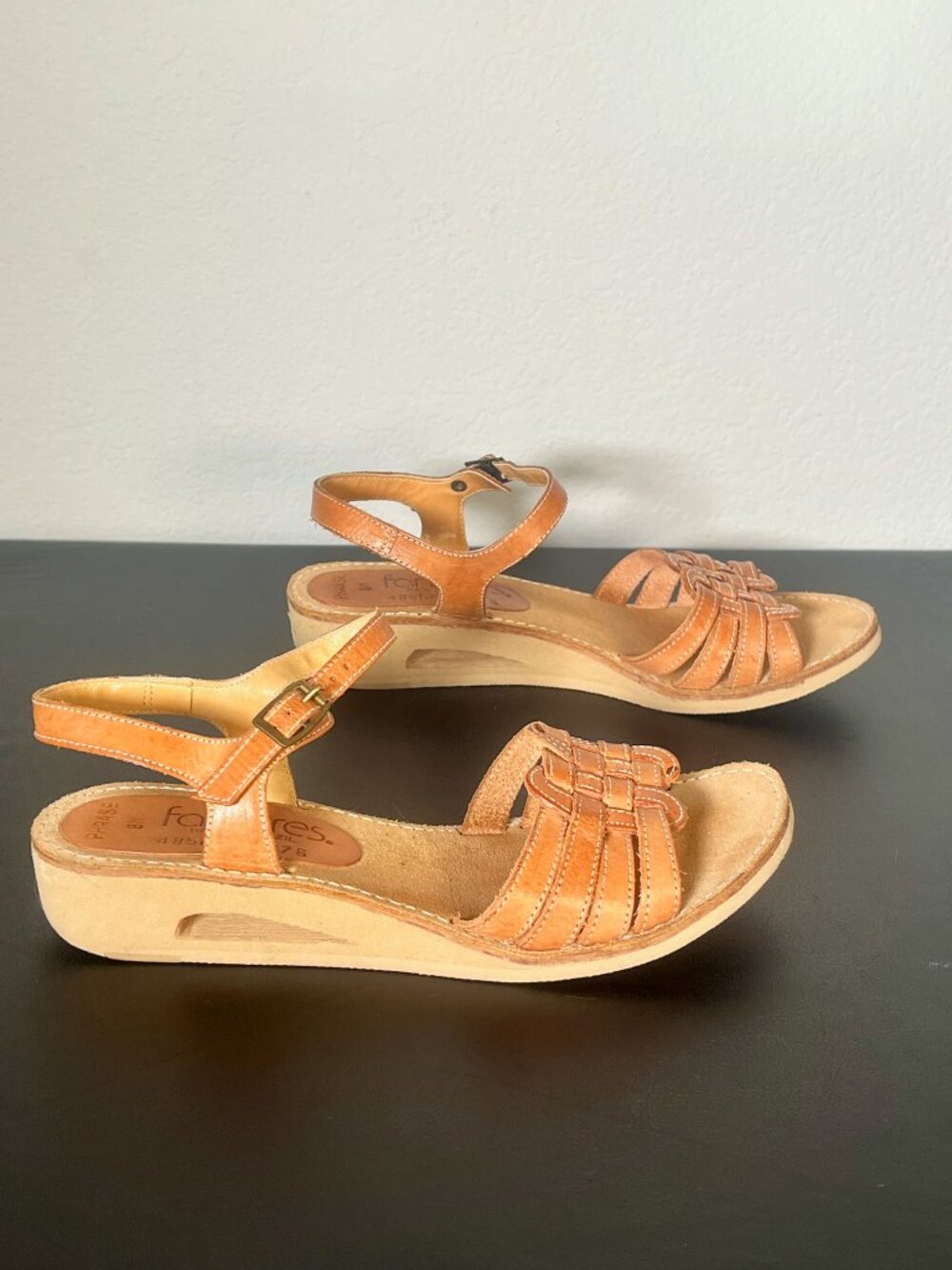 Vintage Boho 1990s Fanfares Leather Wedge Heel Platform Sandals Cognac Brown 7.5 - Picture 4 of 9